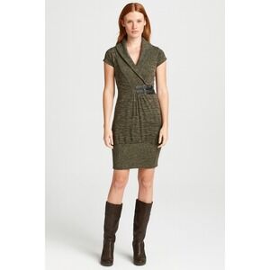 Women's Short Sleeve Sweater Dress Cowl Neck Military Buckle Waist Olive Green M